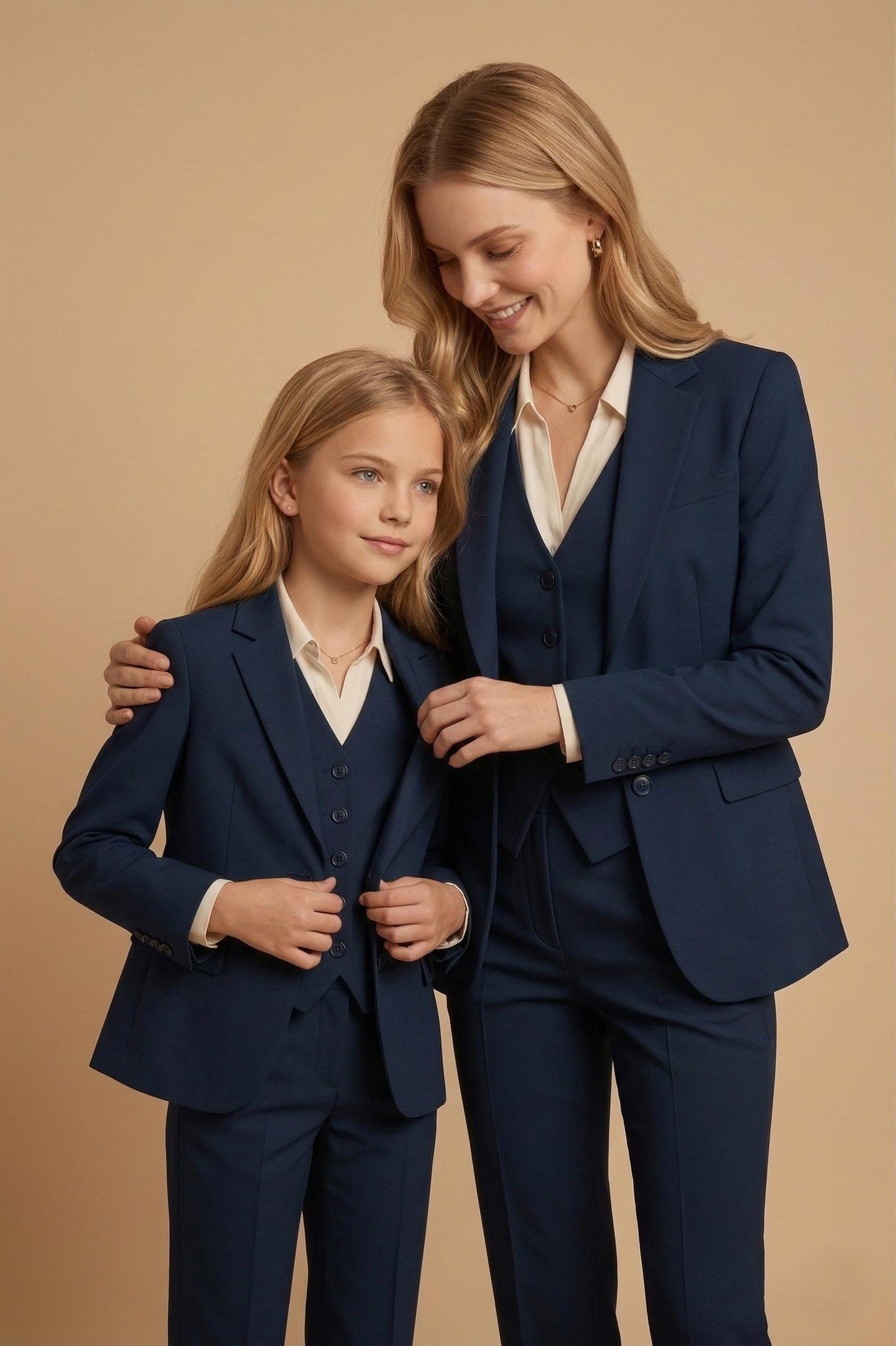 Mother Daughter Navy Blue 3-Piece Suit | Tailored Women's & Girls Matching Set