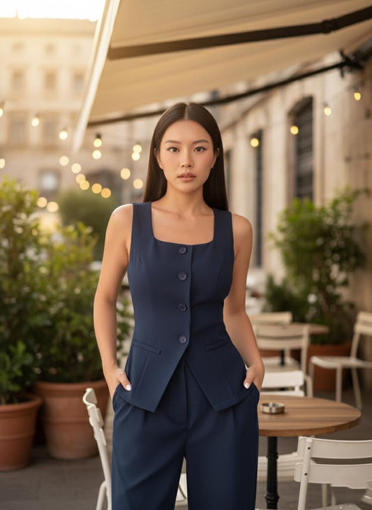 Navy Blue Fitted Vest: Women's Tailored Sleeveless Waistcoat