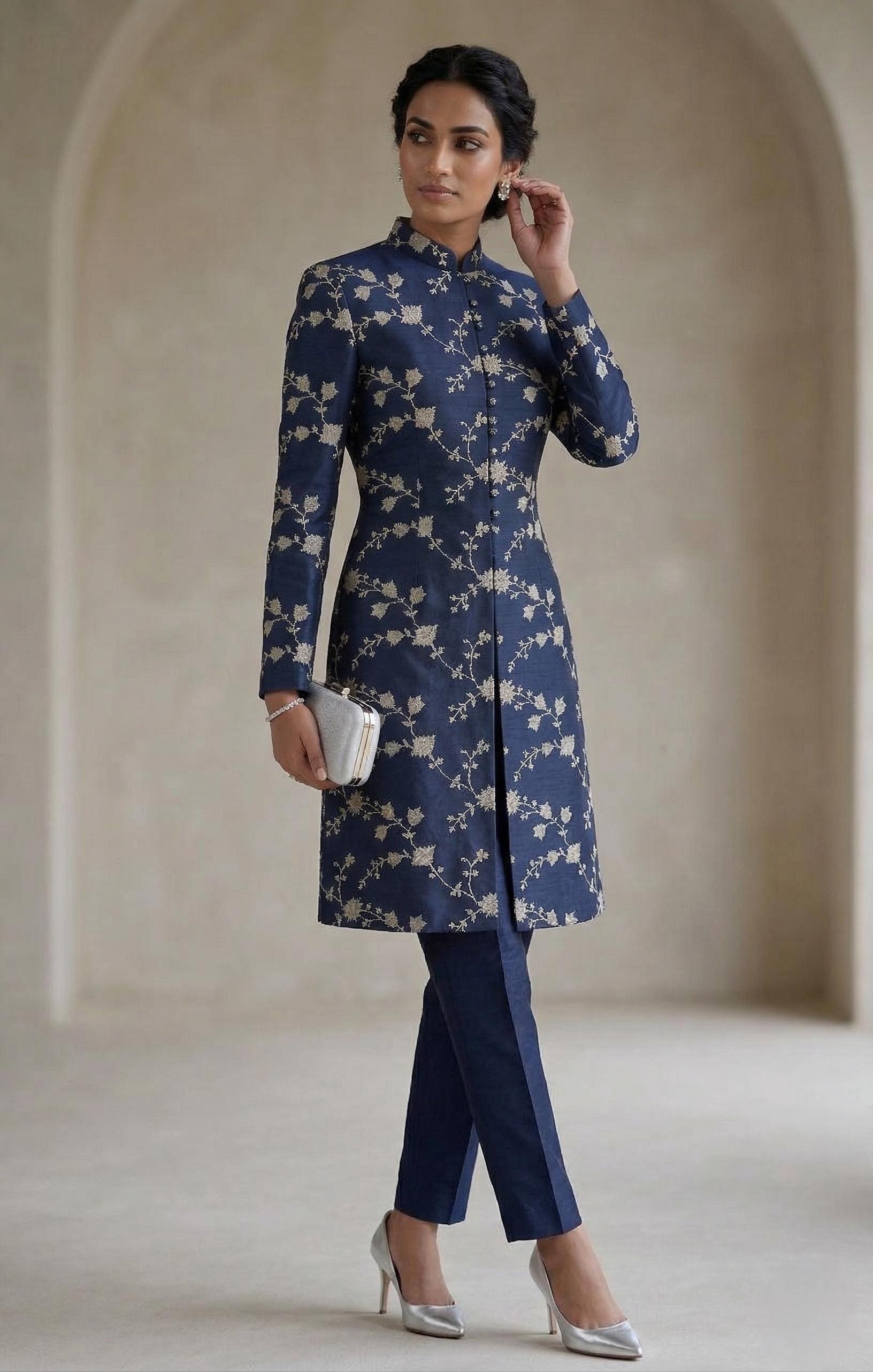 Navy Blue Floral Embroidered Sherwani Suit Set | Indo Western Pant Suit