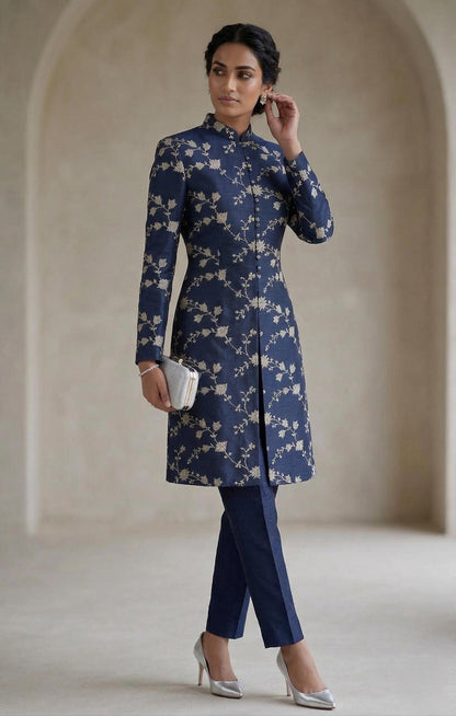 Navy Blue Floral Embroidered Sherwani Suit Set | Indo Western Pant Suit