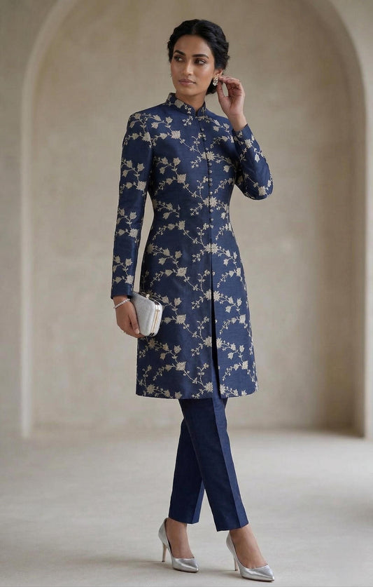 Navy Blue Floral Embroidered Sherwani Suit Set | Indo Western Pant Suit
