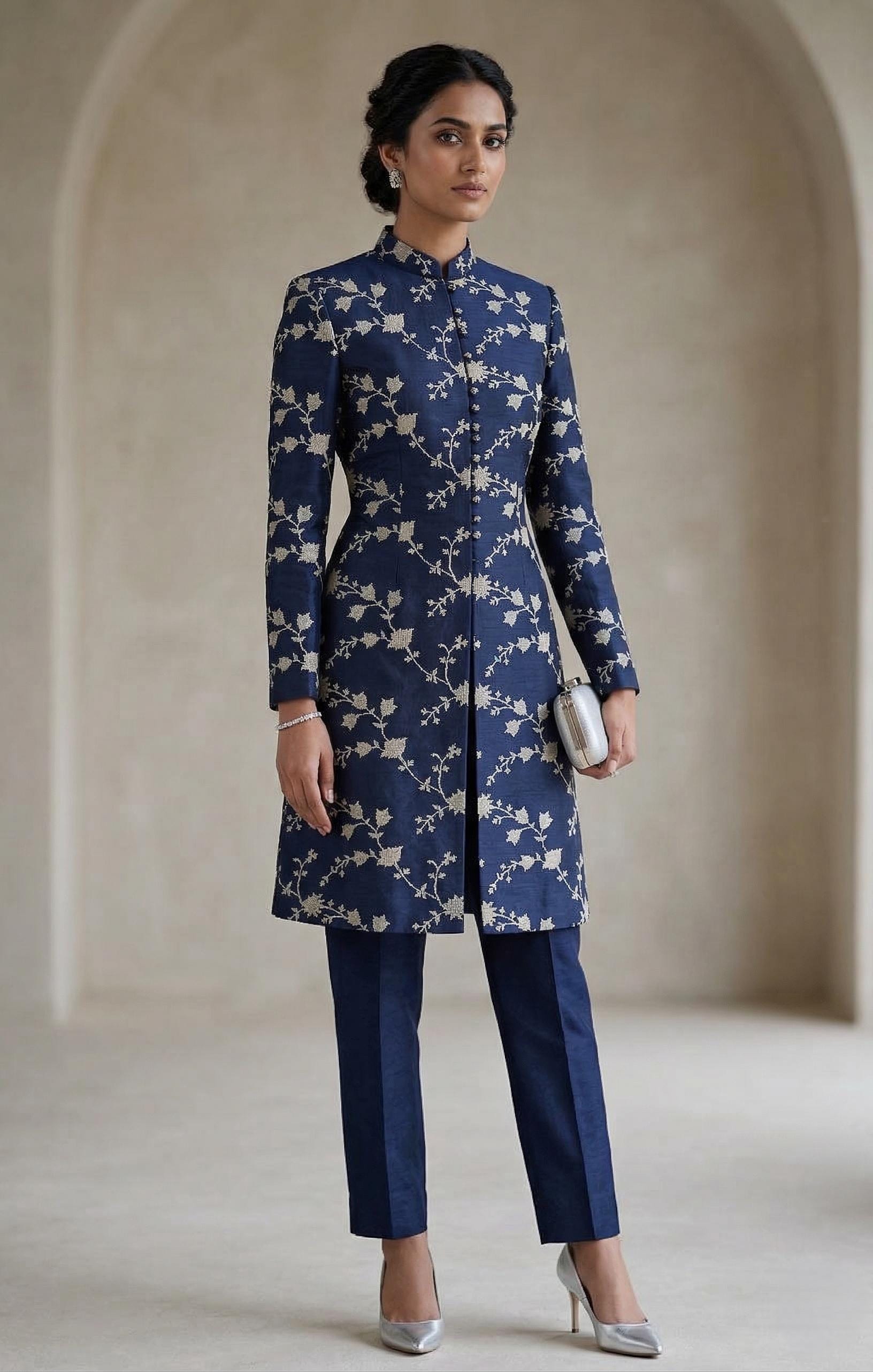 Navy Blue Floral Embroidered Sherwani Suit Set | Indo Western Pant Suit