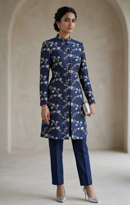 Navy Blue Floral Embroidered Sherwani Suit Set | Indo Western Pant Suit