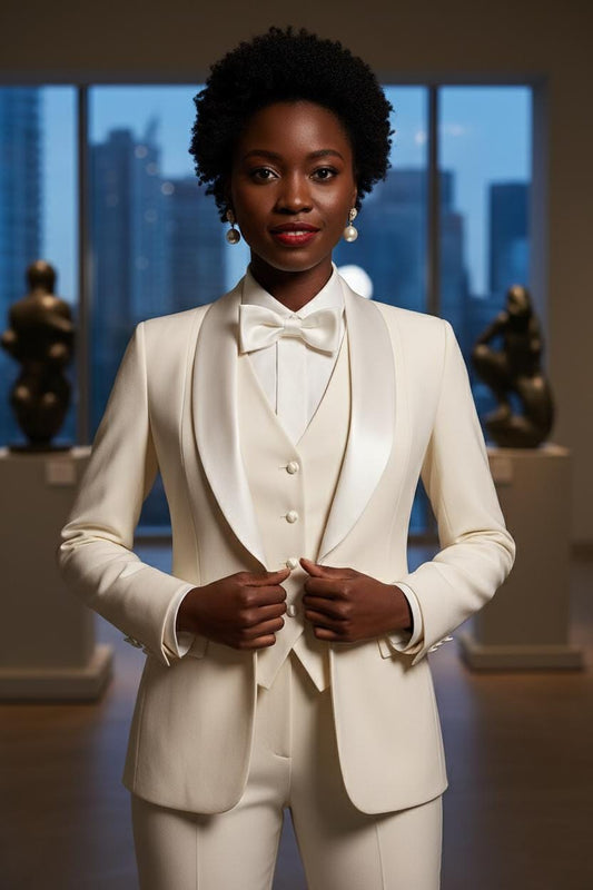 Pearl White Women's Tuxedo Suit: 3-Piece Elegant Formal Pant Set