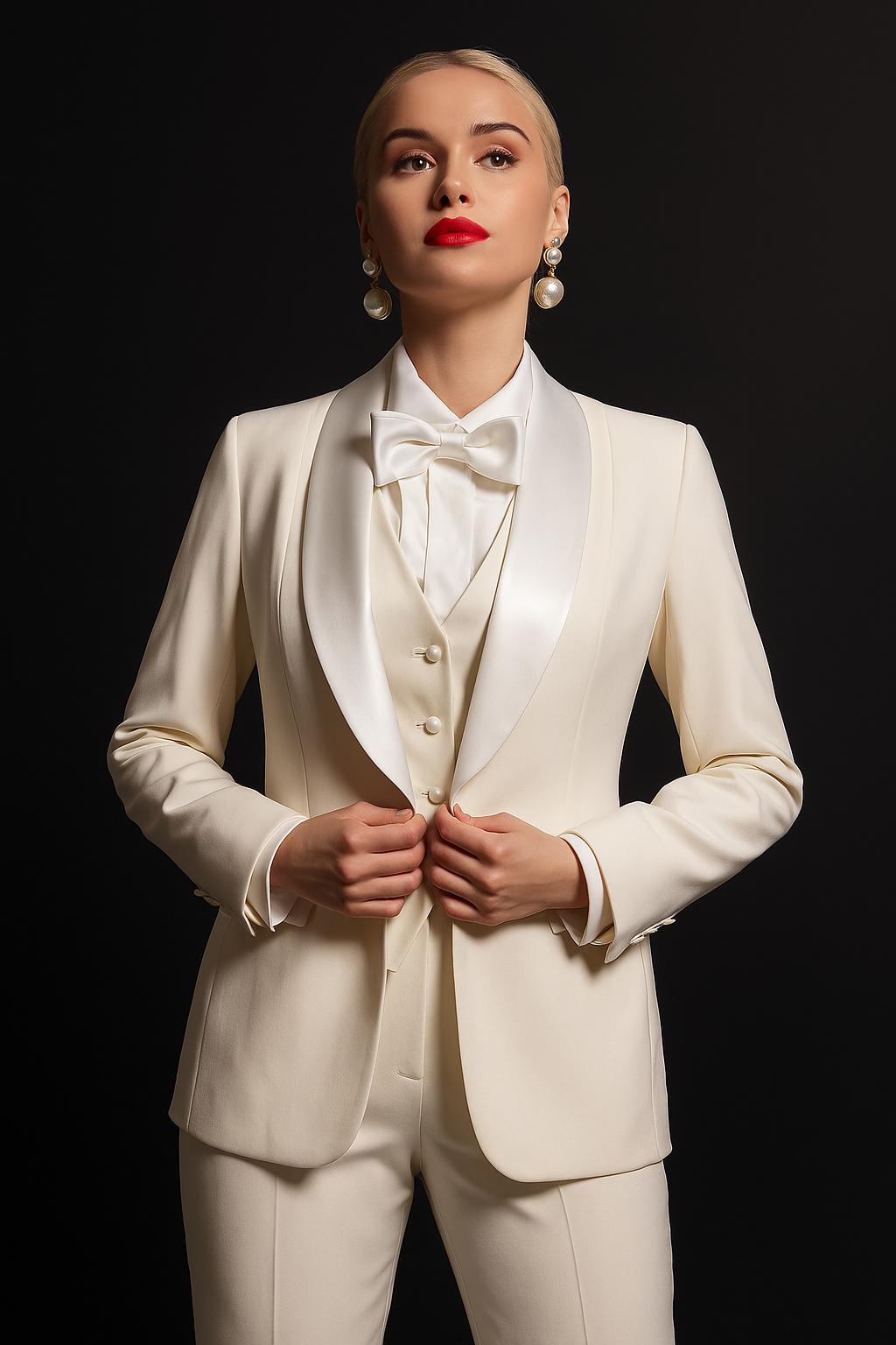 Pearl White Women's Tuxedo Suit: 3-Piece Elegant Formal Pant Set