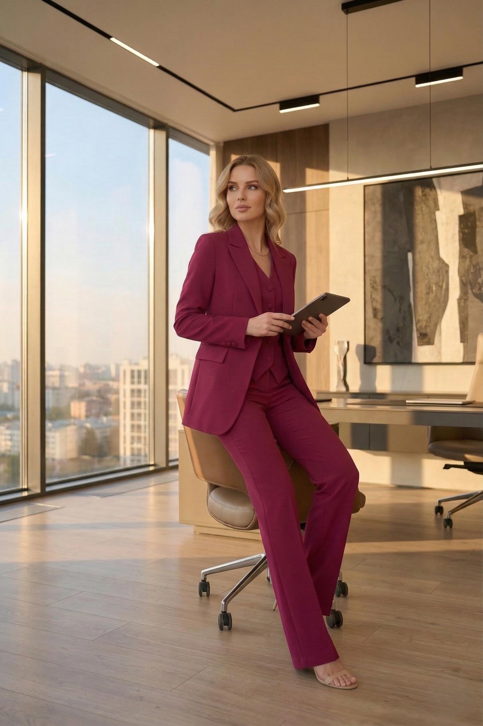 3 Piece CRIMSON PINK Women’s  Suit | Elegant Formal Pant Set | Custom Made to Measure