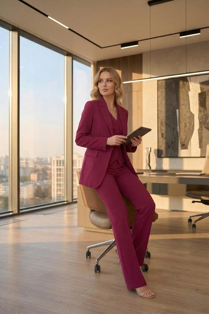 3 Piece CRIMSON PINK Women’s  Suit | Elegant Formal Pant Set | Custom Made to Measure