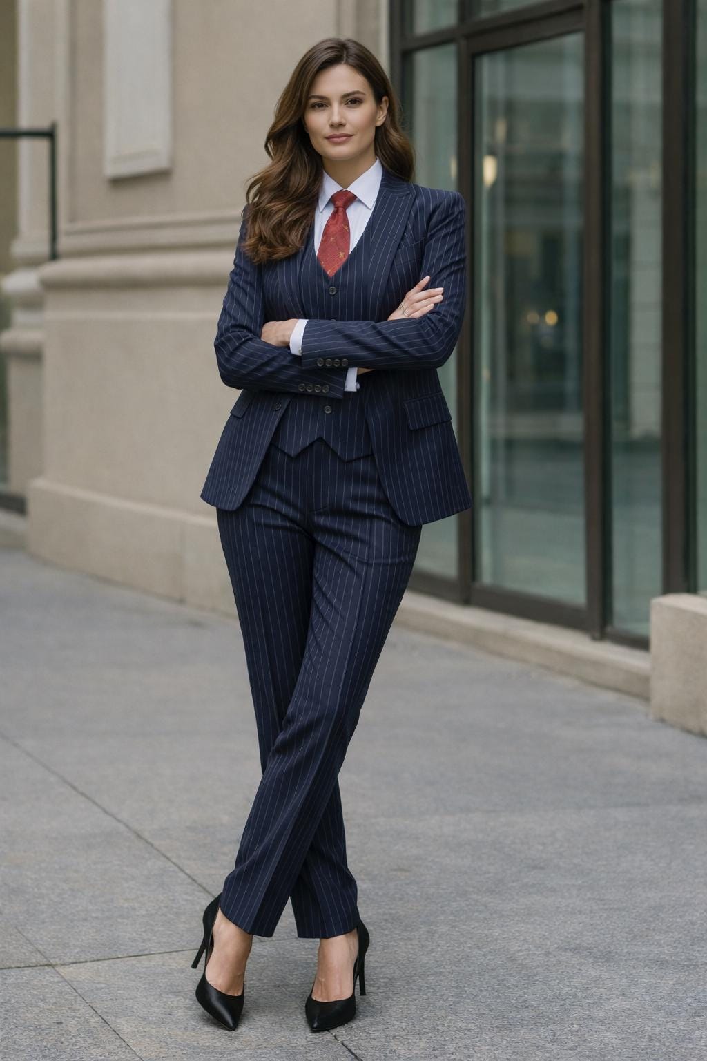 Pinstripe Blue Women's Suit: Custom Made 3 Piece Blazer Set