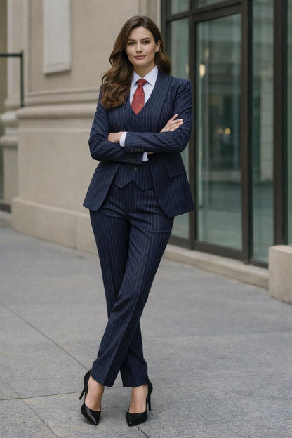 Pinstripe Blue Women's Suit: Custom Made 3 Piece Blazer Set