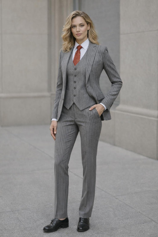 Pinstripe Grey Women's Suit: Custom Made 3 Piece Blazer Set