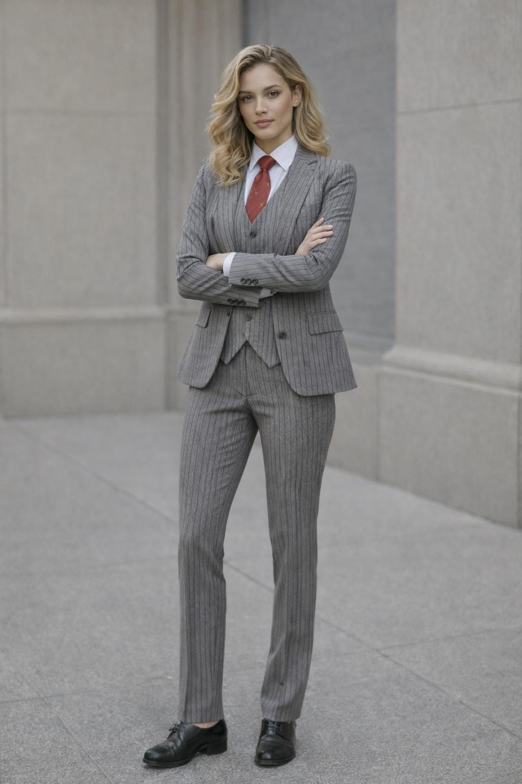 Pinstripe Grey Women's Suit: Custom Made 3 Piece Blazer Set