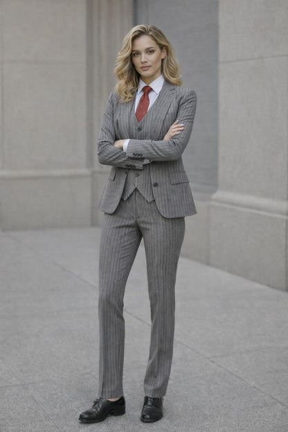 Pinstripe Grey Women's Suit: Custom Made 3 Piece Blazer Set