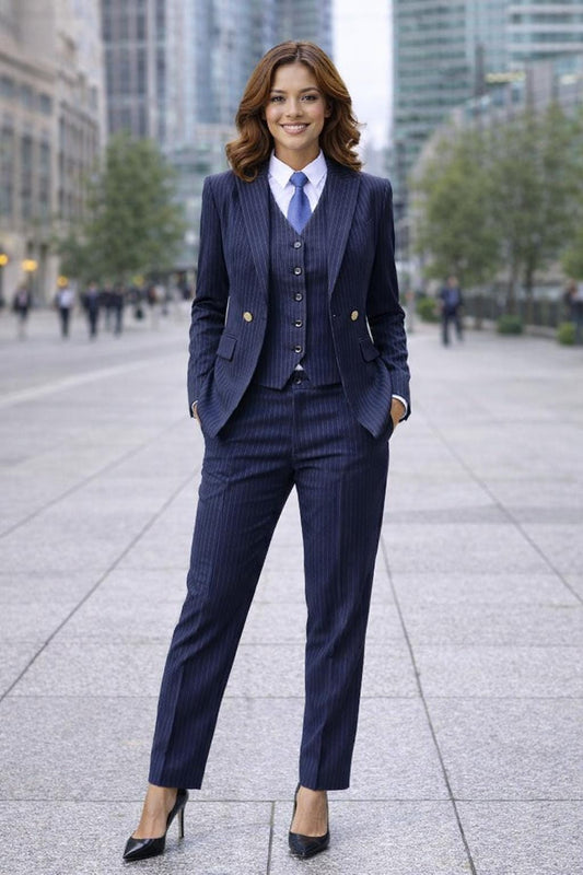 Pinstripe Navy Blue Women's Suit: Custom Made 3 Piece Blazer Set