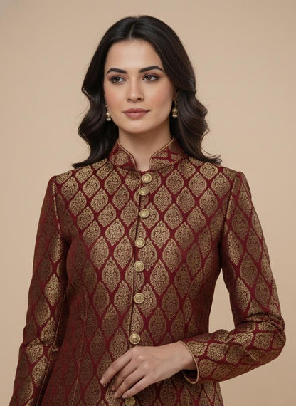 Royal Maroon & Gold Brocade Women's Sherwani Suit | Indo-Western Achkan Set