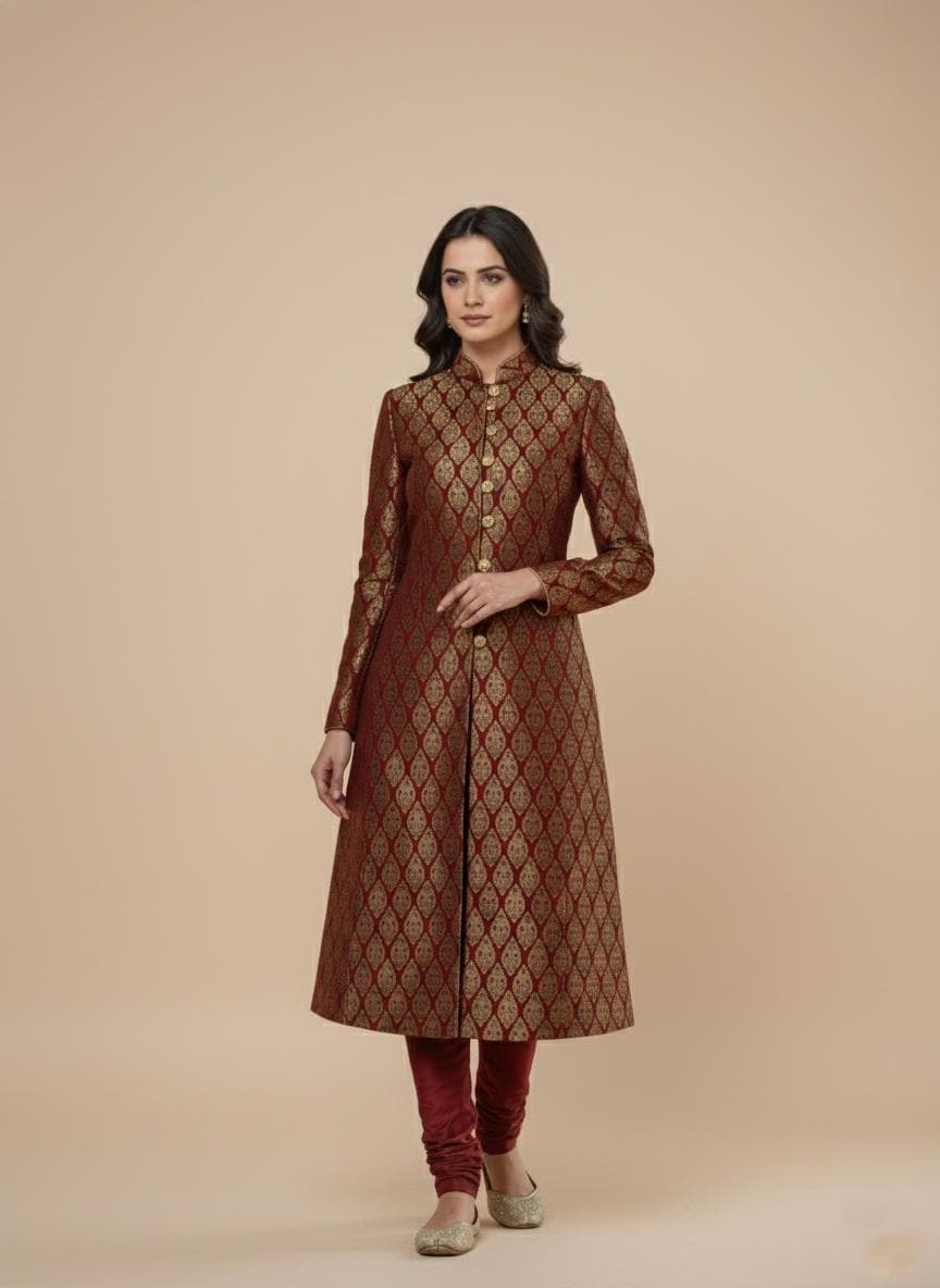 Royal Maroon & Gold Brocade Women's Sherwani Suit | Indo-Western Achkan Set