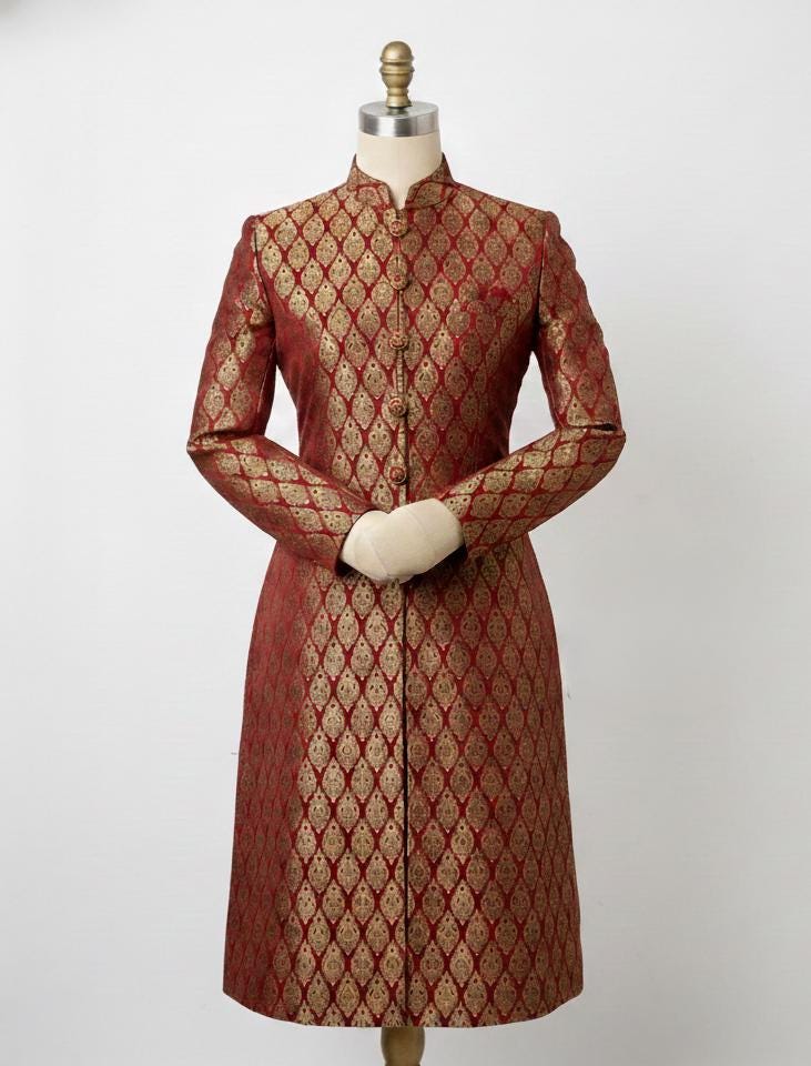Royal Maroon & Gold Brocade Women's Sherwani Suit | Indo-Western Achkan Set