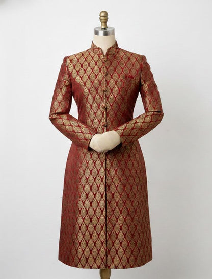 Royal Maroon & Gold Brocade Women's Sherwani Suit | Indo-Western Achkan Set