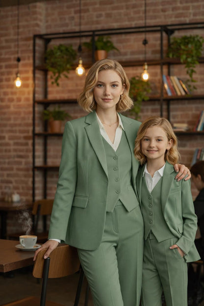 Sage Green Mother Daughter Matching 3-Piece Suit | Tailored women and girls Formal Set