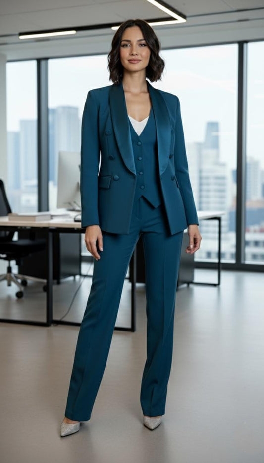 Teal Blue Women's Tuxedo Suit: Elegant Formal Pant Set, Custom Made