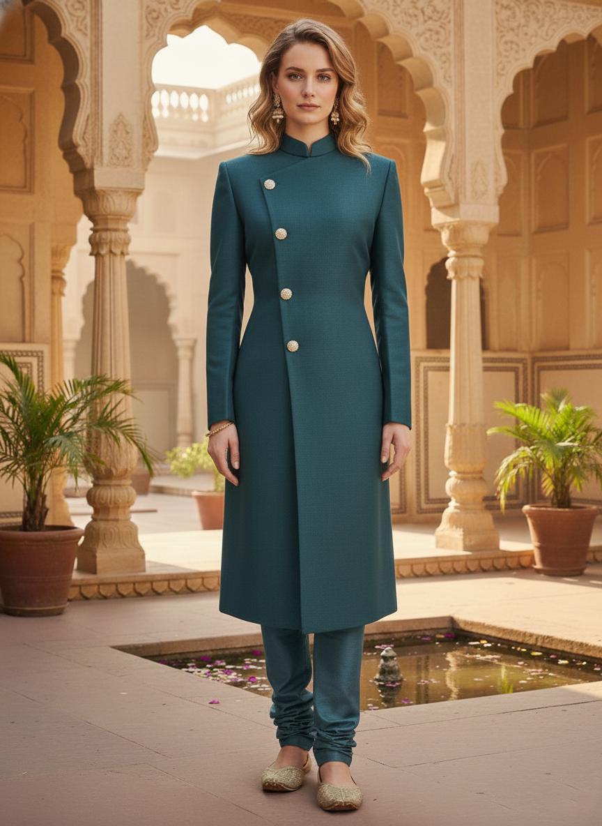 Teal Green Sherwani Suit | Indo-Western Jodhpuri Jacket, Pants