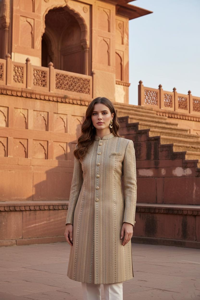 Women's Beige Embroidered Sherwani Suit | Long Indo-Western Achkan Coat with Trousers | Luxury Wedding Wear | Traditional Indian Formal Suit