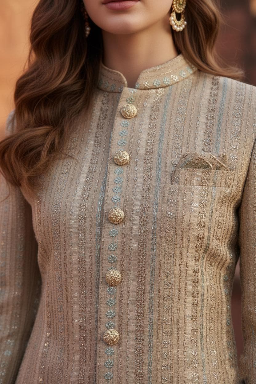 Women's Beige Embroidered Sherwani Suit | Long Indo-Western Achkan Coat with Trousers | Luxury Wedding Wear | Traditional Indian Formal Suit