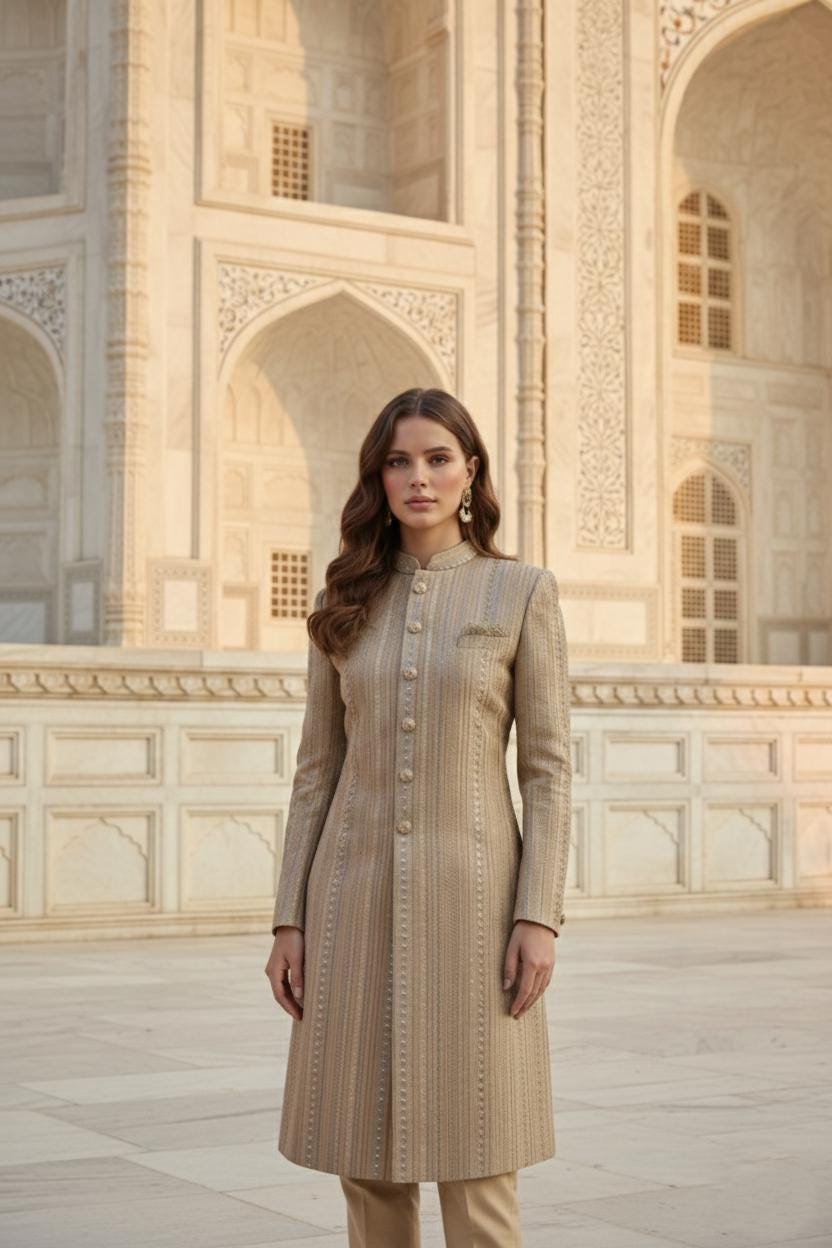 Women's Beige Embroidered Sherwani Suit | Long Indo-Western Achkan Coat with Trousers | Luxury Wedding Wear | Traditional Indian Formal Suit