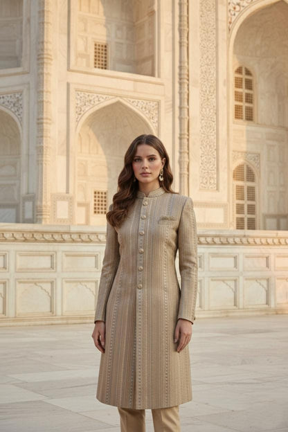 Women's Beige Embroidered Sherwani Suit | Long Indo-Western Achkan Coat with Trousers | Luxury Wedding Wear | Traditional Indian Formal Suit