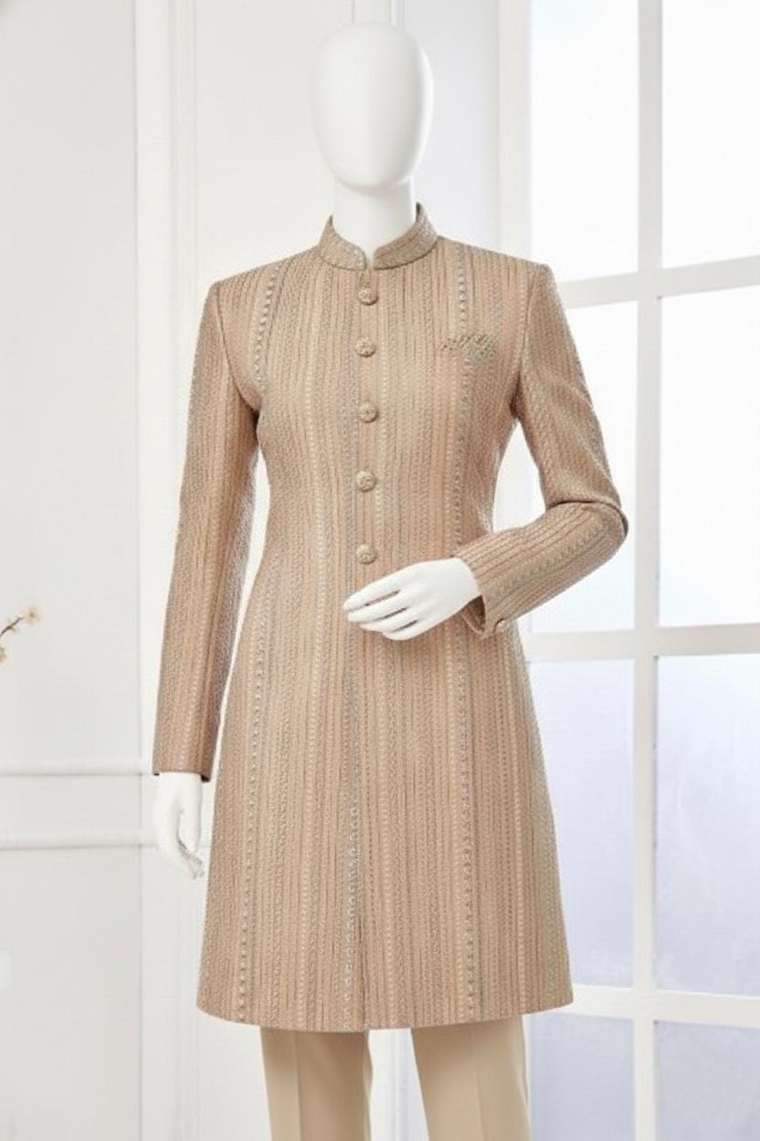 Women's Beige Embroidered Sherwani Suit | Long Indo-Western Achkan Coat with Trousers | Luxury Wedding Wear | Traditional Indian Formal Suit