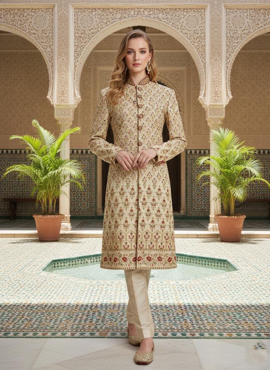 Women's Beige Sherwani Suit | Indo-Western Jodhpuri Jacket with Pants
