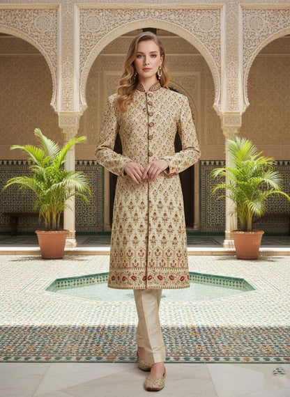 Women's Beige Sherwani Suit | Indo-Western Jodhpuri Jacket with Pants