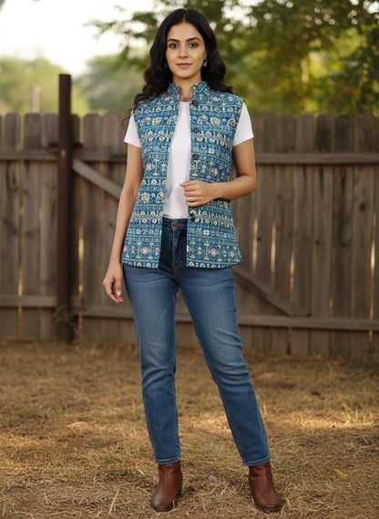 Women's Blue Printed Nehru Jacket | Indian Style Sleeveless Vest | Traditional Ethnic Waistcoat