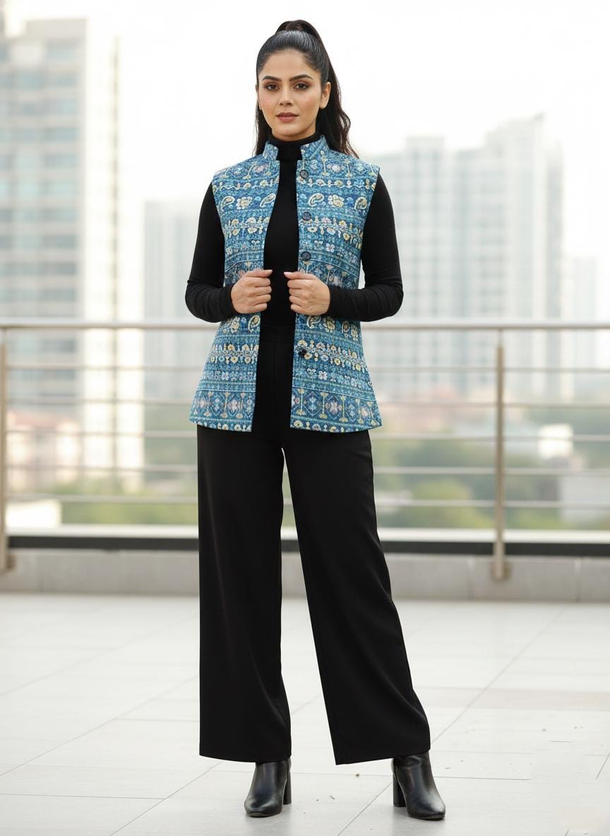 Women's Blue Printed Nehru Jacket | Indian Style Sleeveless Vest | Traditional Ethnic Waistcoat