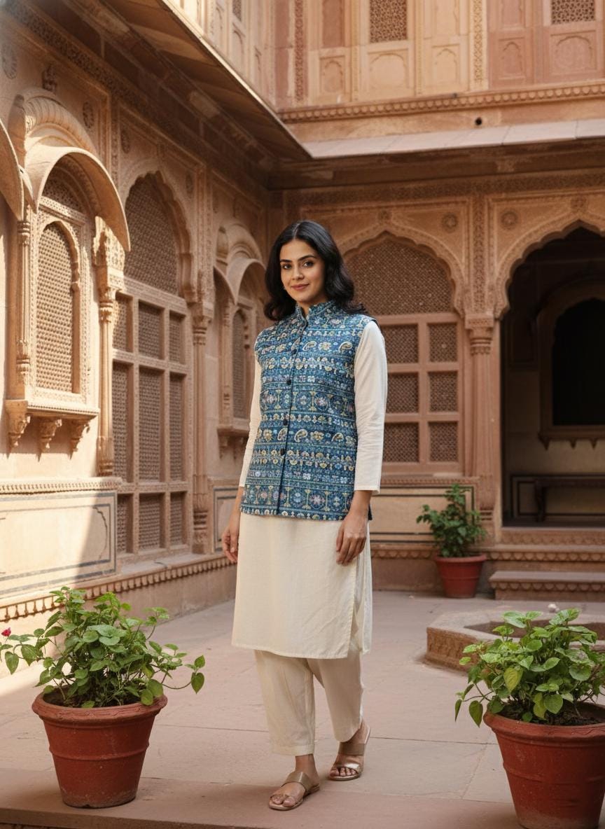 Women's Blue Printed Nehru Jacket | Indian Style Sleeveless Vest | Traditional Ethnic Waistcoat