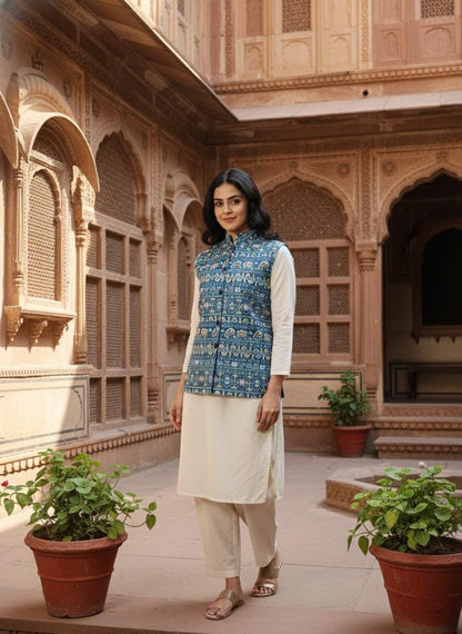 Women's Blue Printed Nehru Jacket | Indian Style Sleeveless Vest | Traditional Ethnic Waistcoat