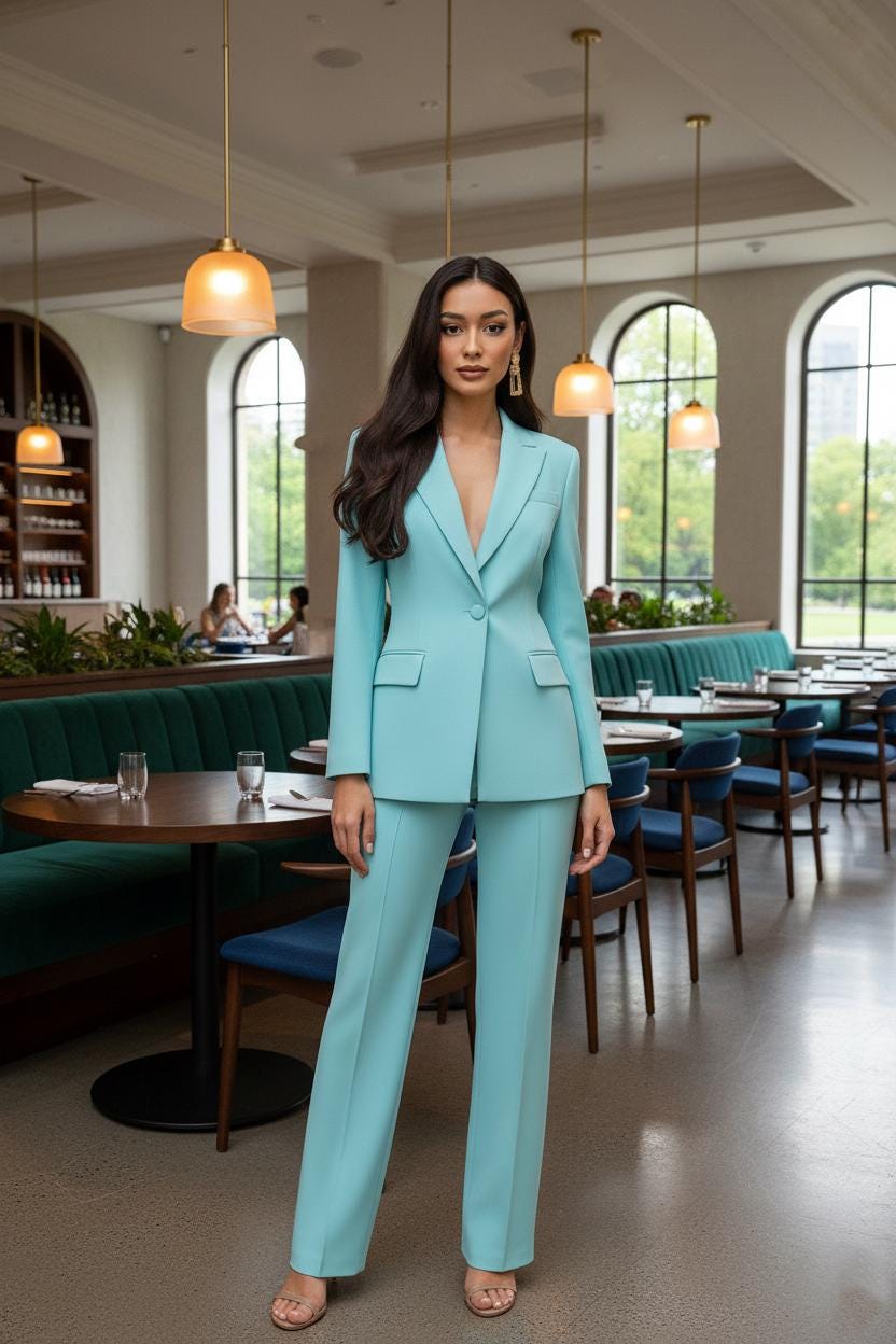 Women’s CYAN color 2 Piece Suit | Blazer & Pants | Custom Tailored Formal Outfit