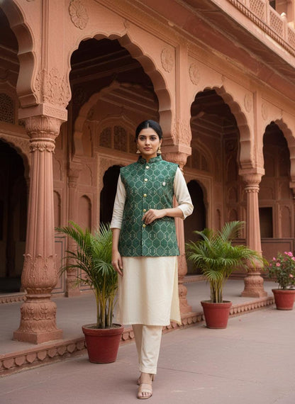 Women's Green Printed Nehru Jacket | Indian Style Sleeveless Vest | Traditional Ethnic Waistcoat