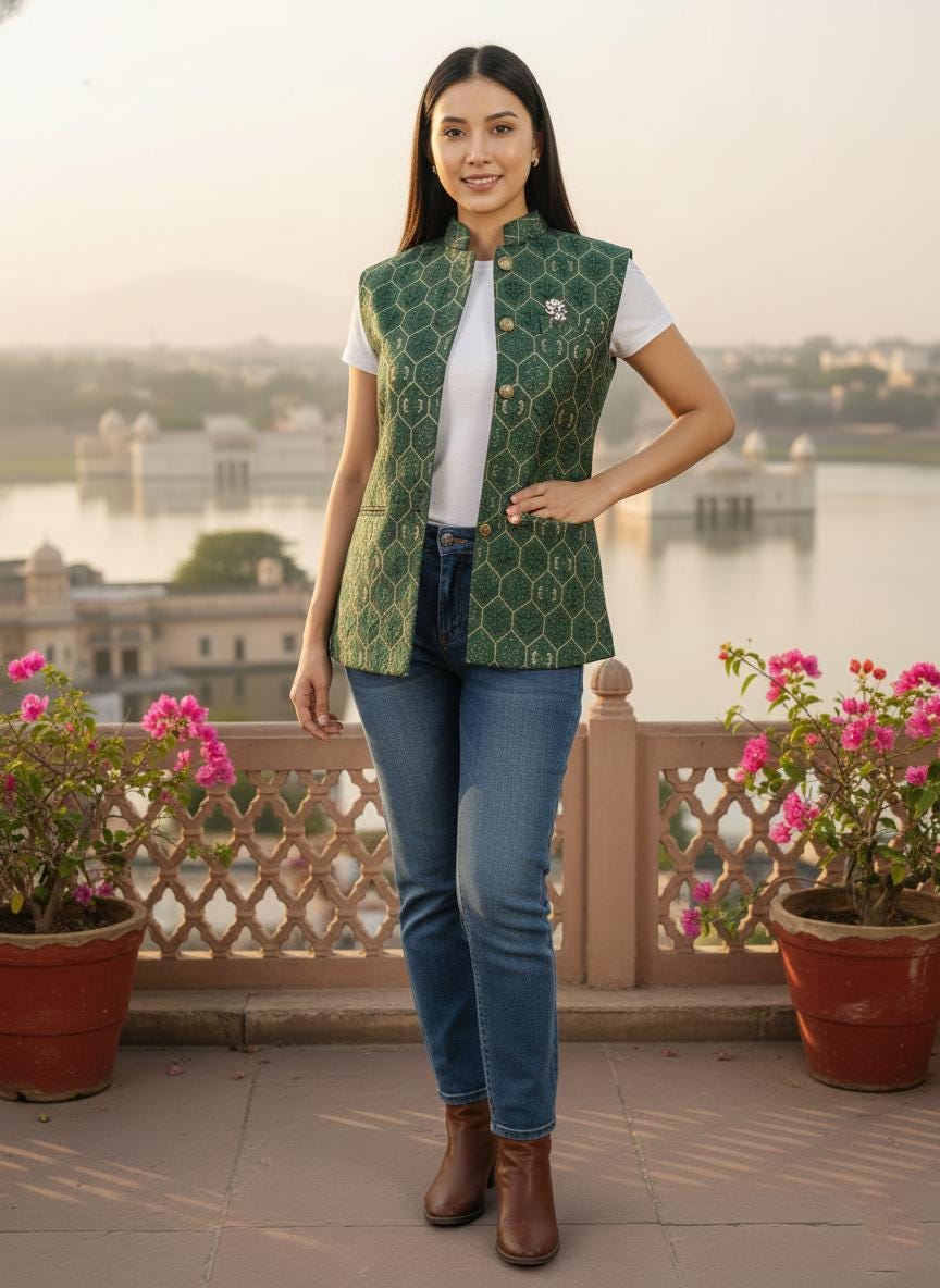 Women's Green Printed Nehru Jacket | Indian Style Sleeveless Vest | Traditional Ethnic Waistcoat
