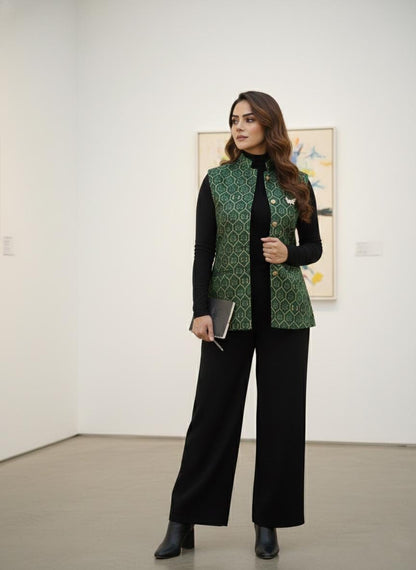 Women's Green Printed Nehru Jacket | Indian Style Sleeveless Vest | Traditional Ethnic Waistcoat