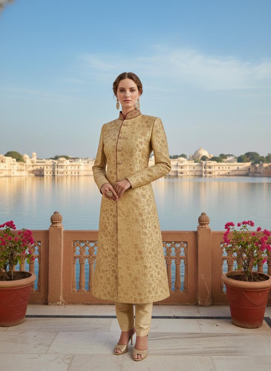 Women's Ivory Sherwani Suit | Indo-Western Jodhpuri Jacket with Pants