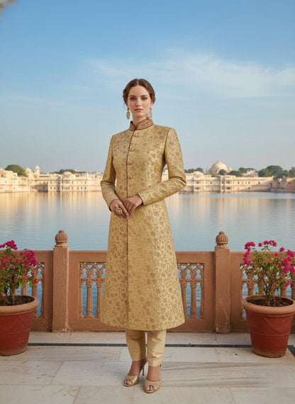 Women's Ivory Sherwani Suit | Indo-Western Jodhpuri Jacket with Pants