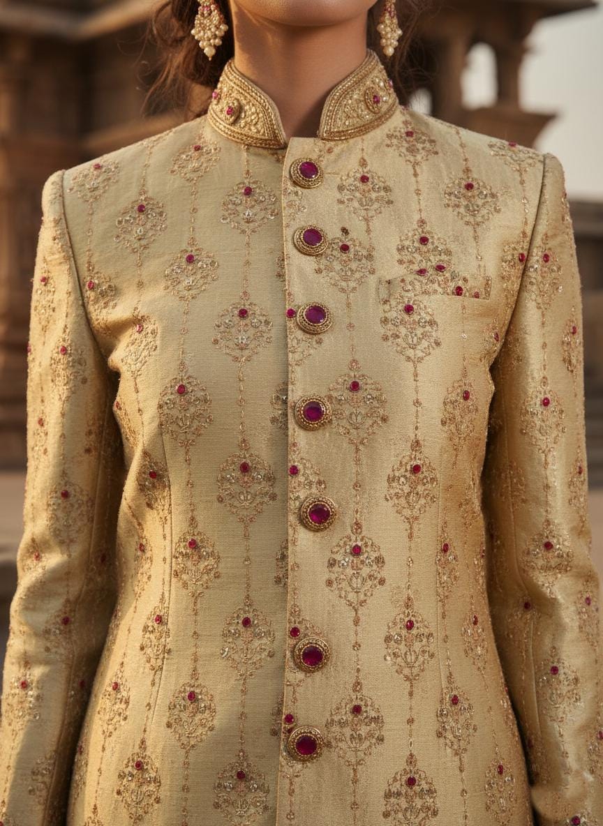Women's Ivory Sherwani Suit | Indo-Western Jodhpuri Jacket with Pants