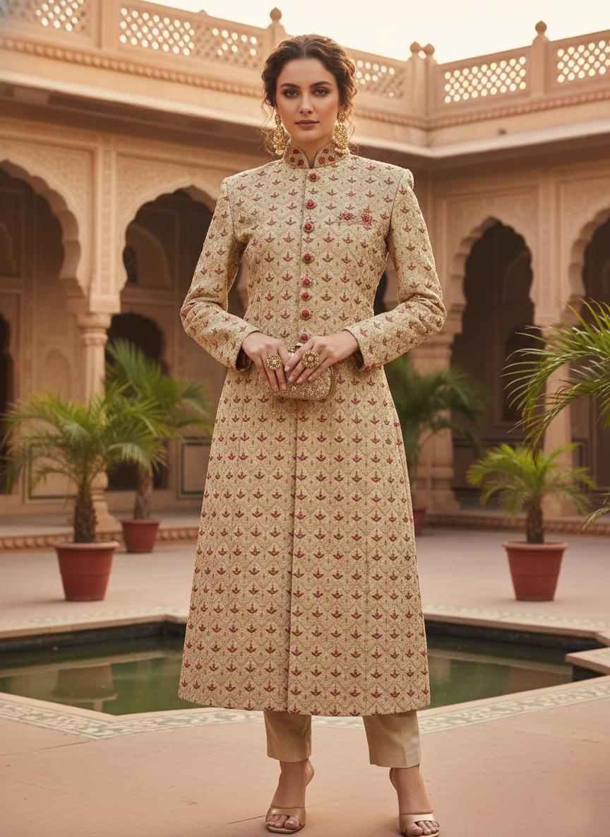 Women's Ivory Sherwani Suit | Indo-Western Jodhpuri Jacket with Pants