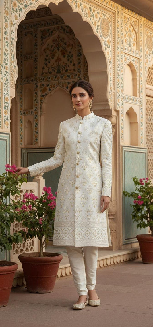 Women's Ivory Sherwani Suit | Indo-Western Jodhpuri Jacket with Pants