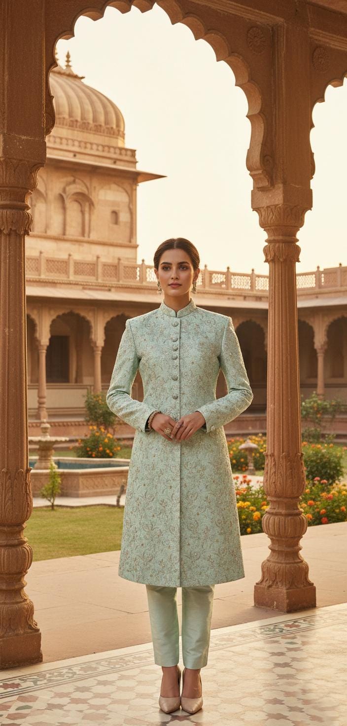 Women's Ivory Sherwani Suit | Indo-Western Jodhpuri Jacket with Pants