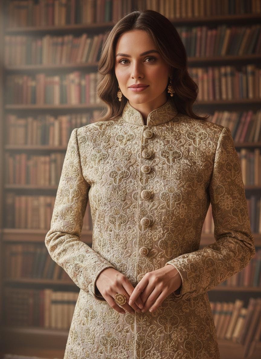 Women's Ivory Sherwani Suit | Indo-Western Jodhpuri Jacket with Pants
