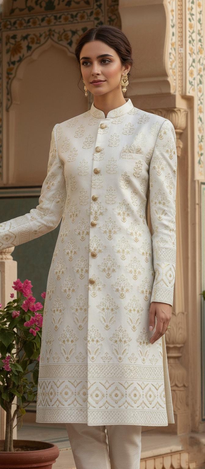 Women's Ivory Sherwani Suit | Indo-Western Jodhpuri Jacket with Pants