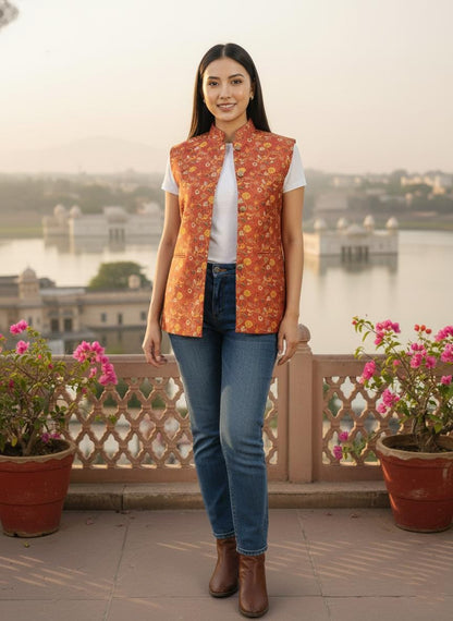 Women's Orange Printed Nehru Jacket | Indian Style Sleeveless Vest | Traditional Ethnic Waistcoat