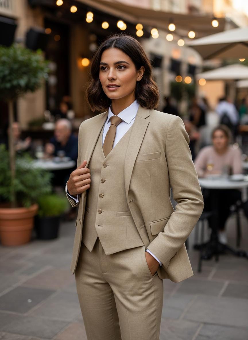 Women's 5-Piece Beige Suit - Tailored Tan  Pantsuit for Weddings, Business, or Formal Events