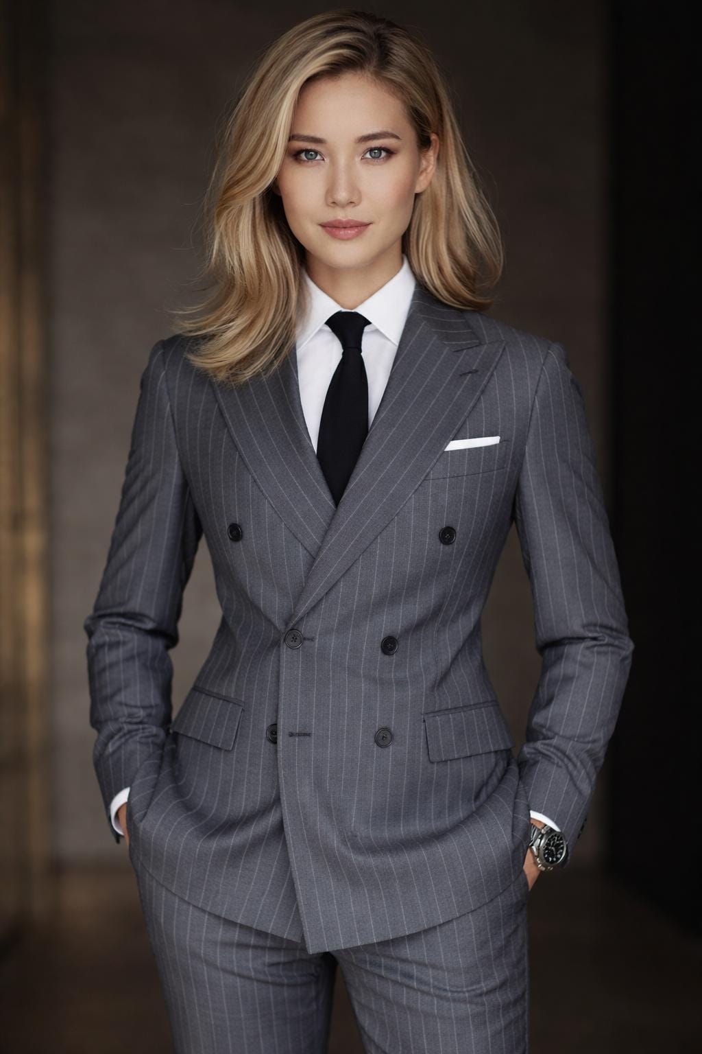 Women's Pinstripe Double Breasted Suit: Tailored Grey Blazer & Pants Set
